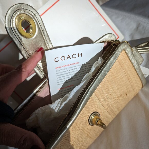 Coach Natural Straw Weave Wristlet Clutch with Gold Trim NWT - Picture 2 of 6
